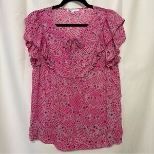DR2 Pink Patterned Ruffle Blouse in EUC. Size Large.